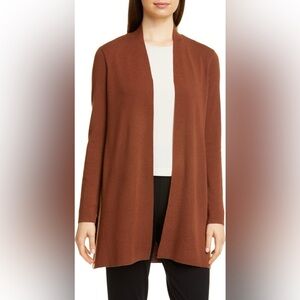 EILEEN FISHER 100% Superfine Merino Wool Cardigan Brown Longline Open Front M/L